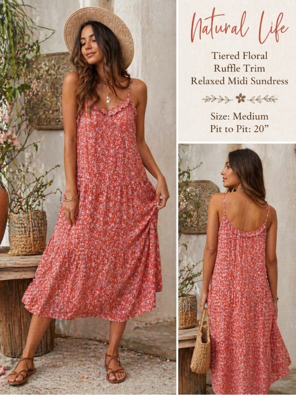 Natural Life Tiered Floral Ruffle Relaxed Midi Sundress Medium Boho Cottagecore